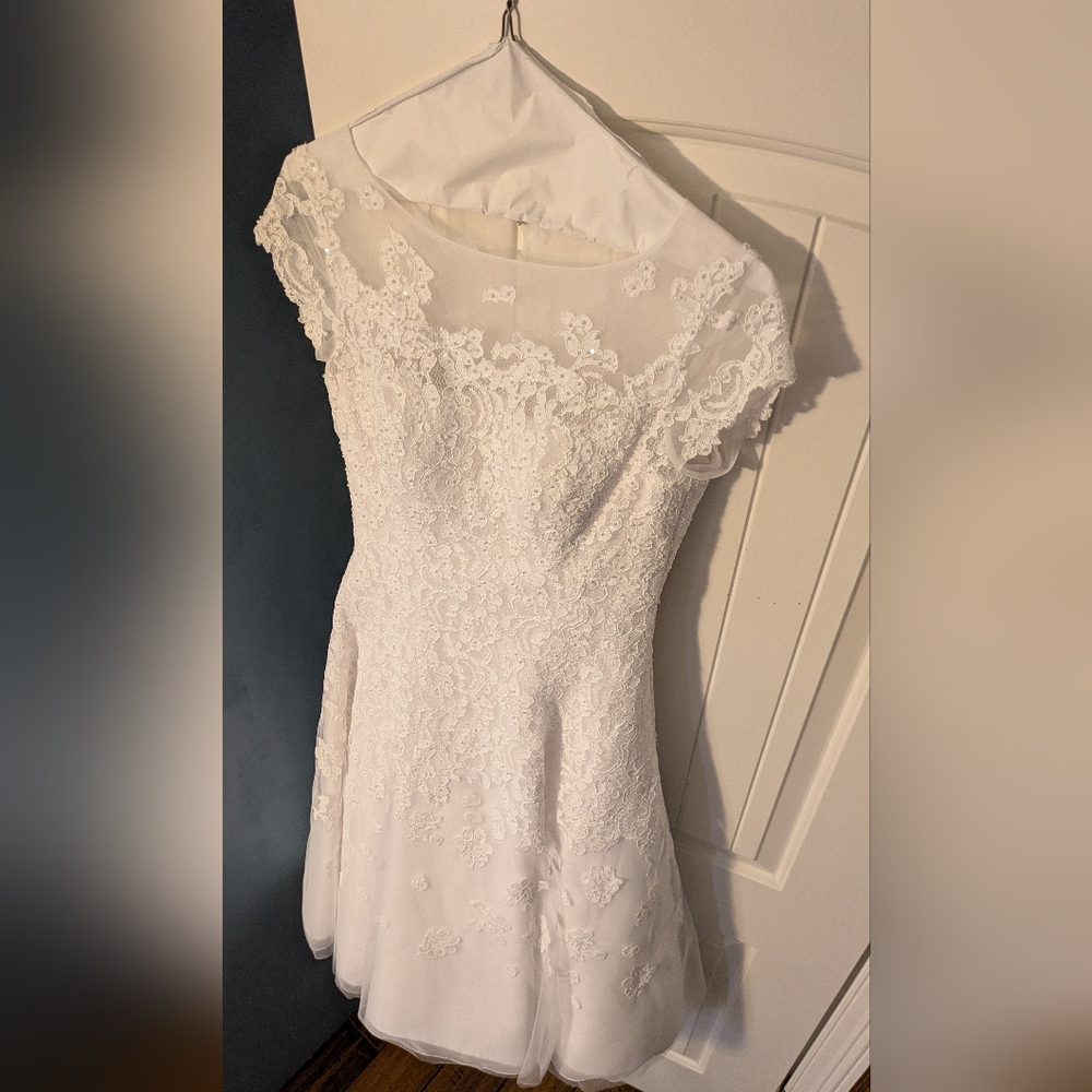 Oleg Cassini Cap Sleeve Illusion Wedding Dress, White, Size 6